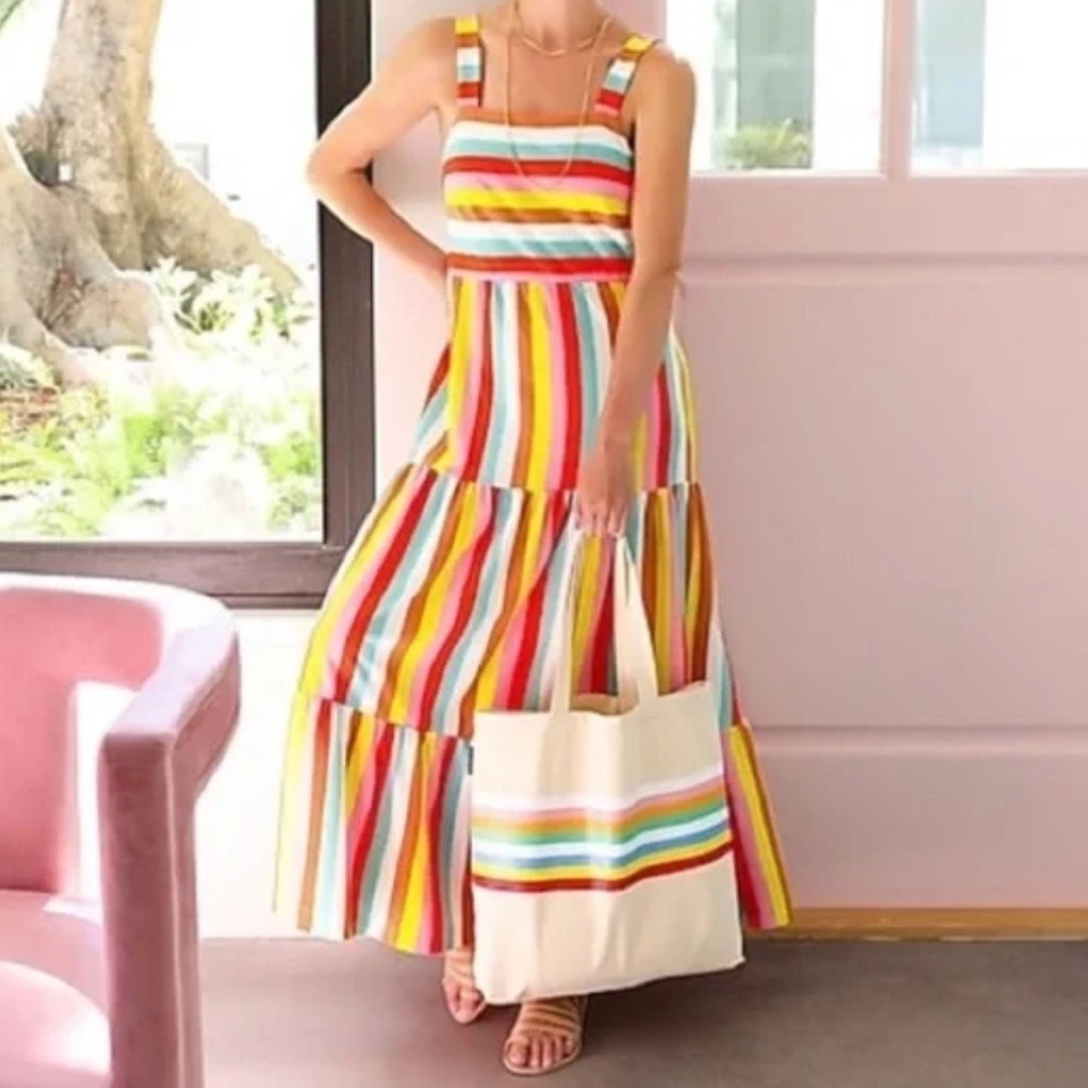 J Crew Tiered Maxi Dress in Rainbow Stripe Square Neck Knit Jersey Size Small S - Picture 3 of 16